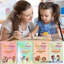 Sank Magic Practice Copybook (4 Books + Magic Pen & 10 Ink Refills) Sank Magic Book for Montessori Children Tracing Handwriting First Preschool Baby Learning Books for Kids