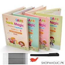 Sank Magic Practice Copybook (4 Books + Magic Pen & 10 Ink Refills) Sank Magic Book for Montessori Children Tracing Handwriting First Preschool Baby Learning Books for Kids